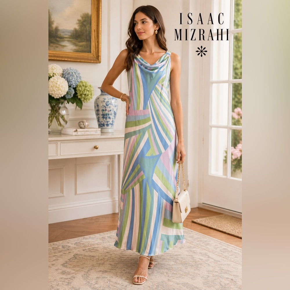 Isaac Mizrahi Pastel Geometric Cowl Maxi Dress - Blue, Pink & Green
